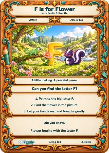 Feelio and Scentle beside a large glowing uppercase F, with a pink flower in the scene. A carved wooden workshop frame surrounds the letter activity and a gentle calming step.
