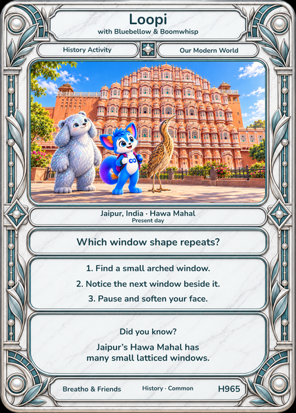 Loopi and Bluebellow, Boomwhisp explore Jaipur, India. The whole illustrated card includes a question, three short activities and a note to explore together.