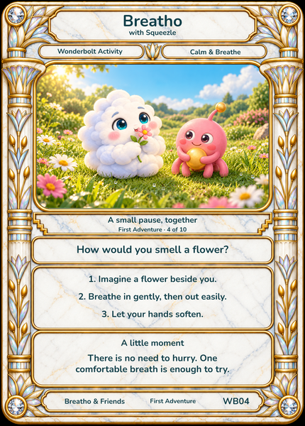 Breatho, Squeezle in the illustrated One Little Breath card, with its complete collectible frame, question, three short invitations and a a little moment.
