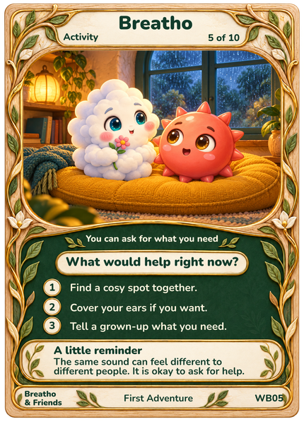 Breatho, Boomcrackle in the illustrated When Sounds Feel Big card, with its complete collectible frame, question, three short invitations and a a little reminder.