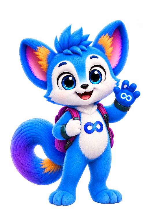 Loopi, a tall blue fox with a magenta backpack