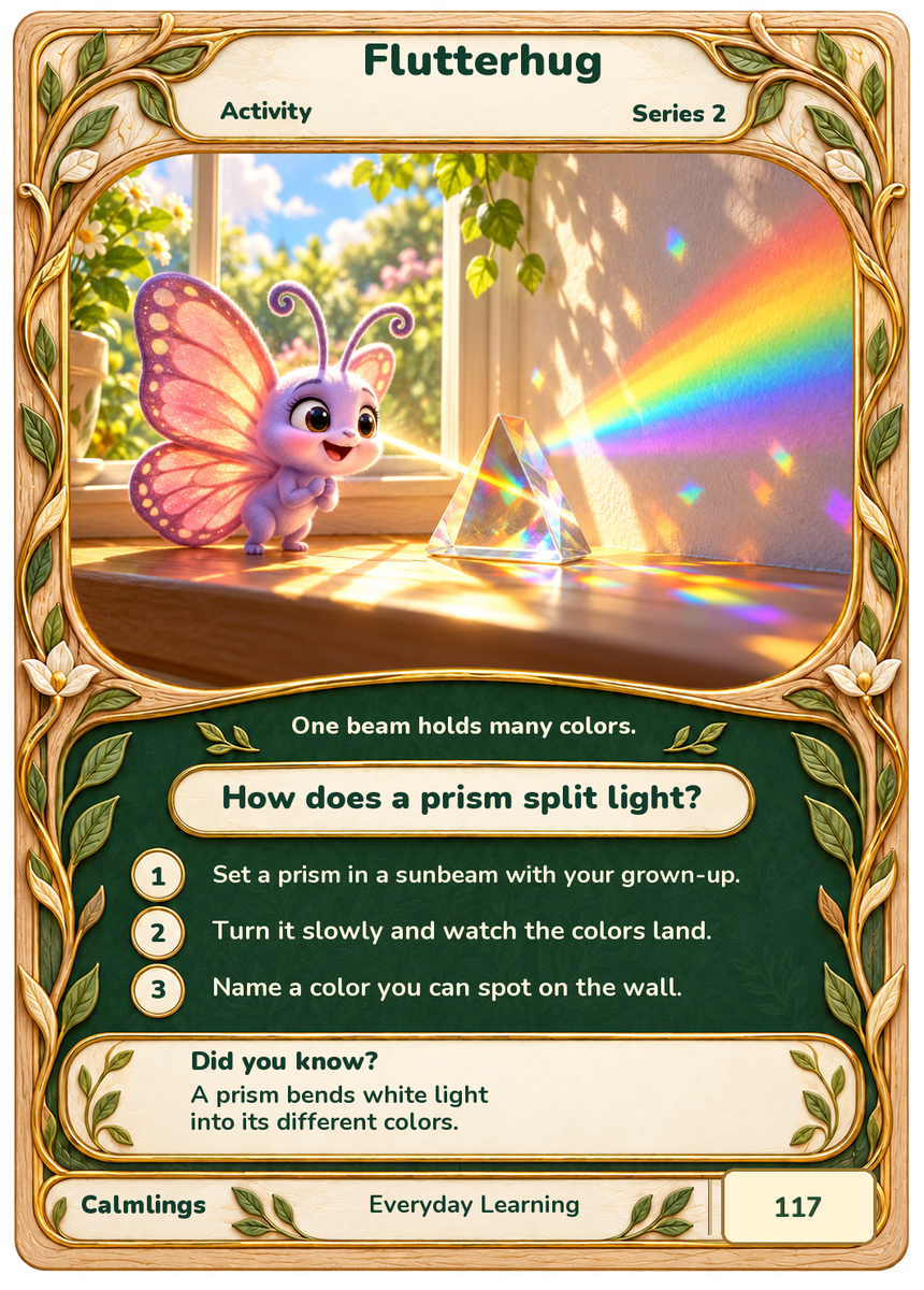 Flutterhug’s Series 2 card: How does a prism split light?, in the Forest & Jungle frame