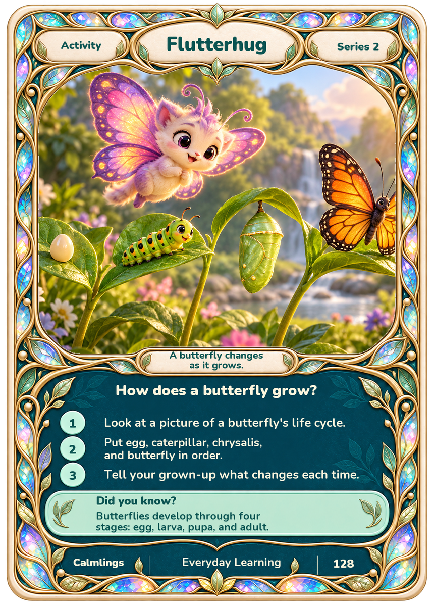 Flutterhug’s Series 2 butterfly life cycle card, in the Elven Holo frame