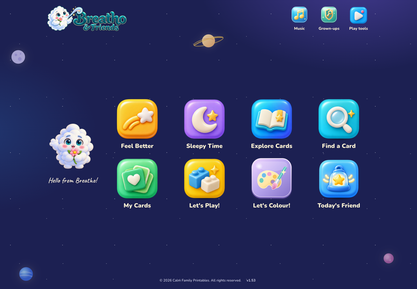 The actual Breatho & Friends home menu with its eight colourful feature icons