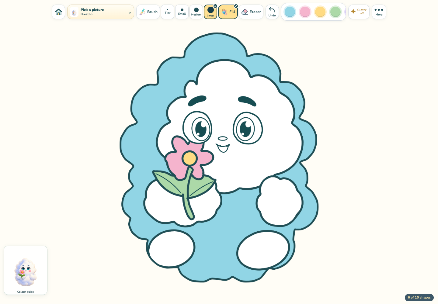 The actual colouring workspace with Breatho, brushes and colour palette