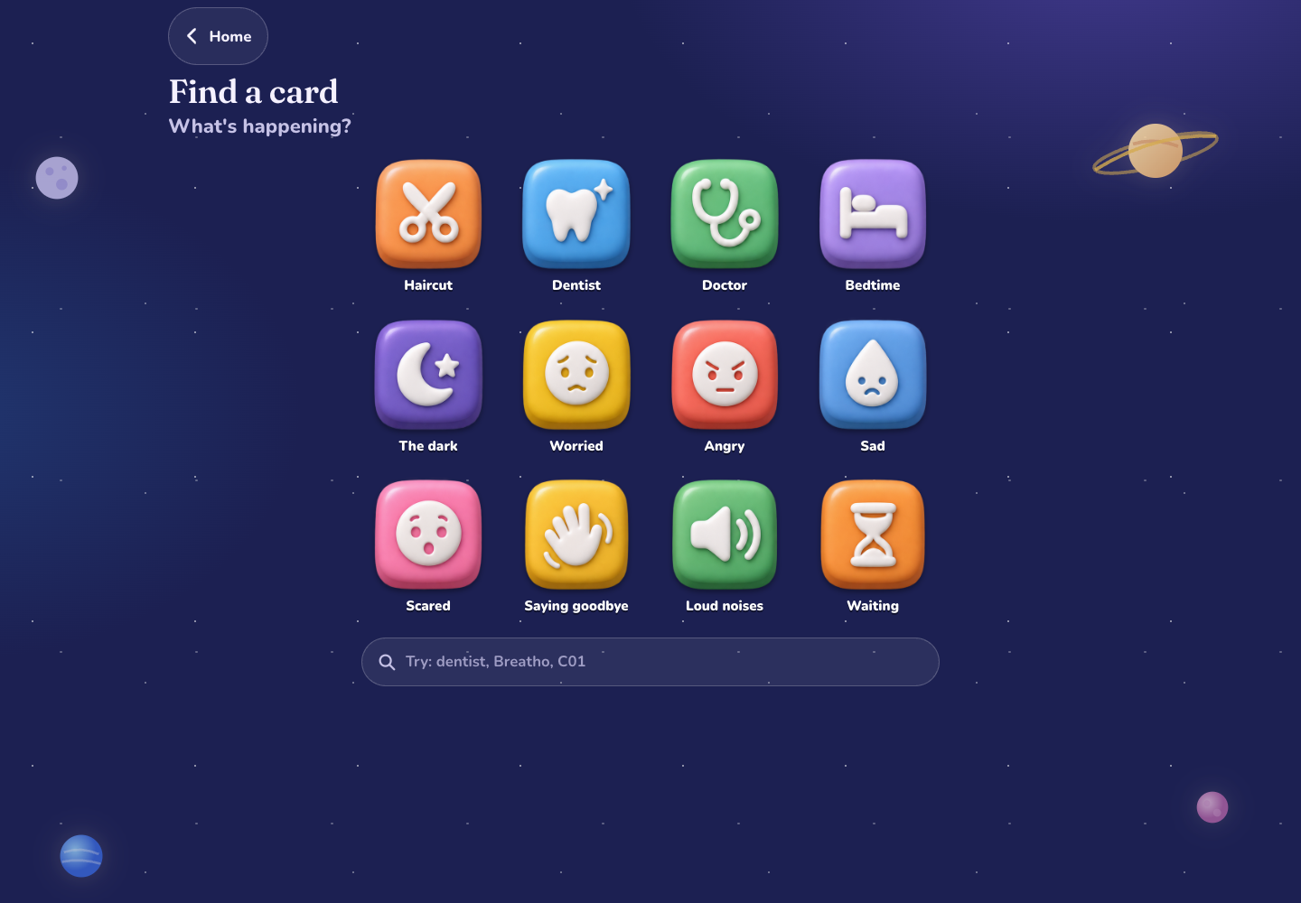 The actual Find a Card screen with search and illustrated topic choices