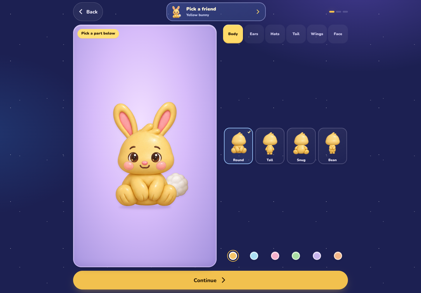 The actual character creator with a yellow bunny, body options, colour palette and Continue control
