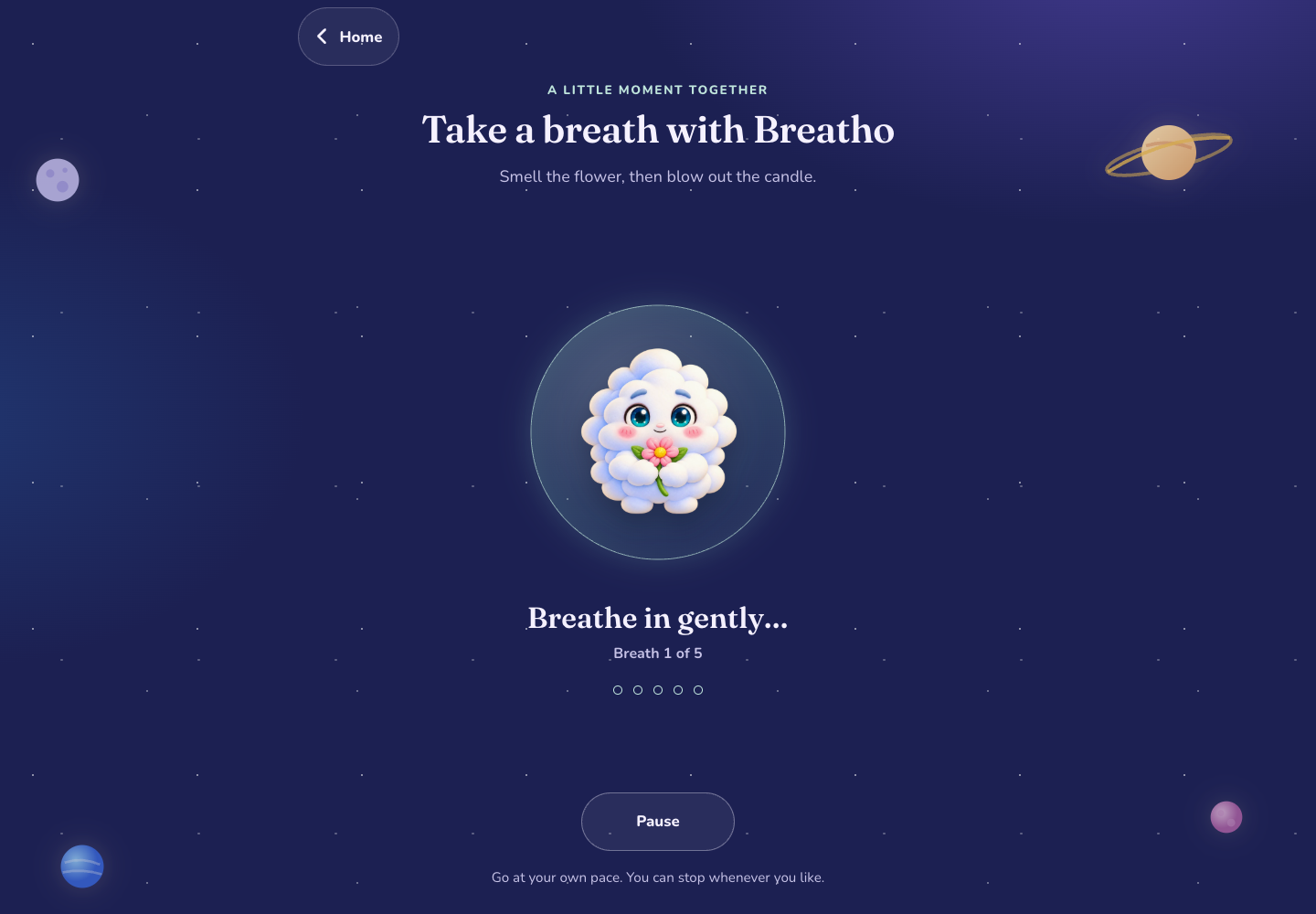 The real Breatho breathing screen with a pause control