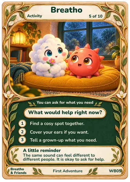 Breatho, Boomcrackle in the illustrated When Sounds Feel Big card, with its complete collectible frame, question, three short invitations and a little reminder.
