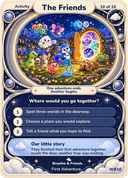 Breatho, Loopi, Squeezle, Stompo, Spotto, Flutterhug, Bubblo, Stretchy, Feelio, Slowmo, Crowdle in the illustrated The Door in the Stars card, with its complete collectible frame, question, three short invitations and a our little story.