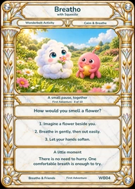 Breatho, Squeezle in the illustrated One Little Breath card, with its complete collectible frame, question, three short invitations and a a little moment.