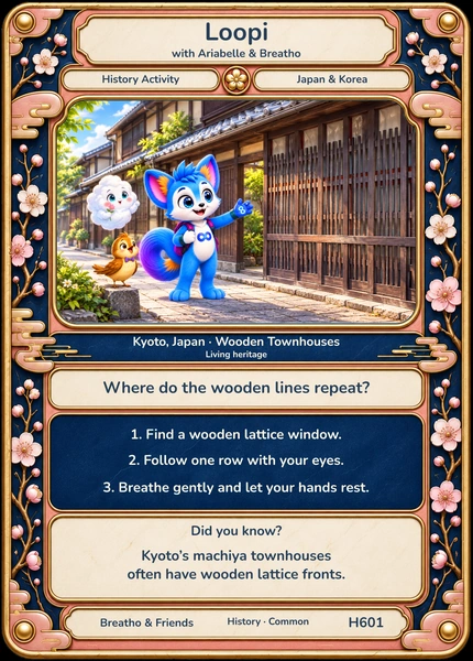 Loopi and Ariabelle, Breatho explore Kyoto, Japan. The whole illustrated card includes a question, three short activities and a note to explore together.