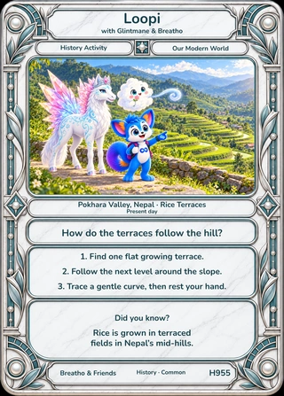 Loopi and Glintmane, Breatho explore Pokhara, Nepal. The whole illustrated card includes a question, three short activities and a note to explore together.