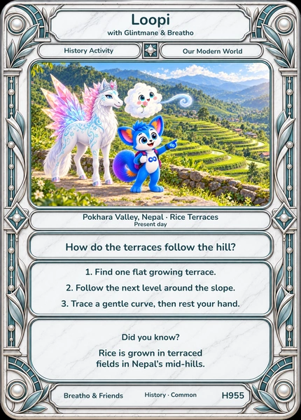 Loopi and Glintmane, Breatho explore Pokhara, Nepal. The whole illustrated card includes a question, three short activities and a note to explore together.
