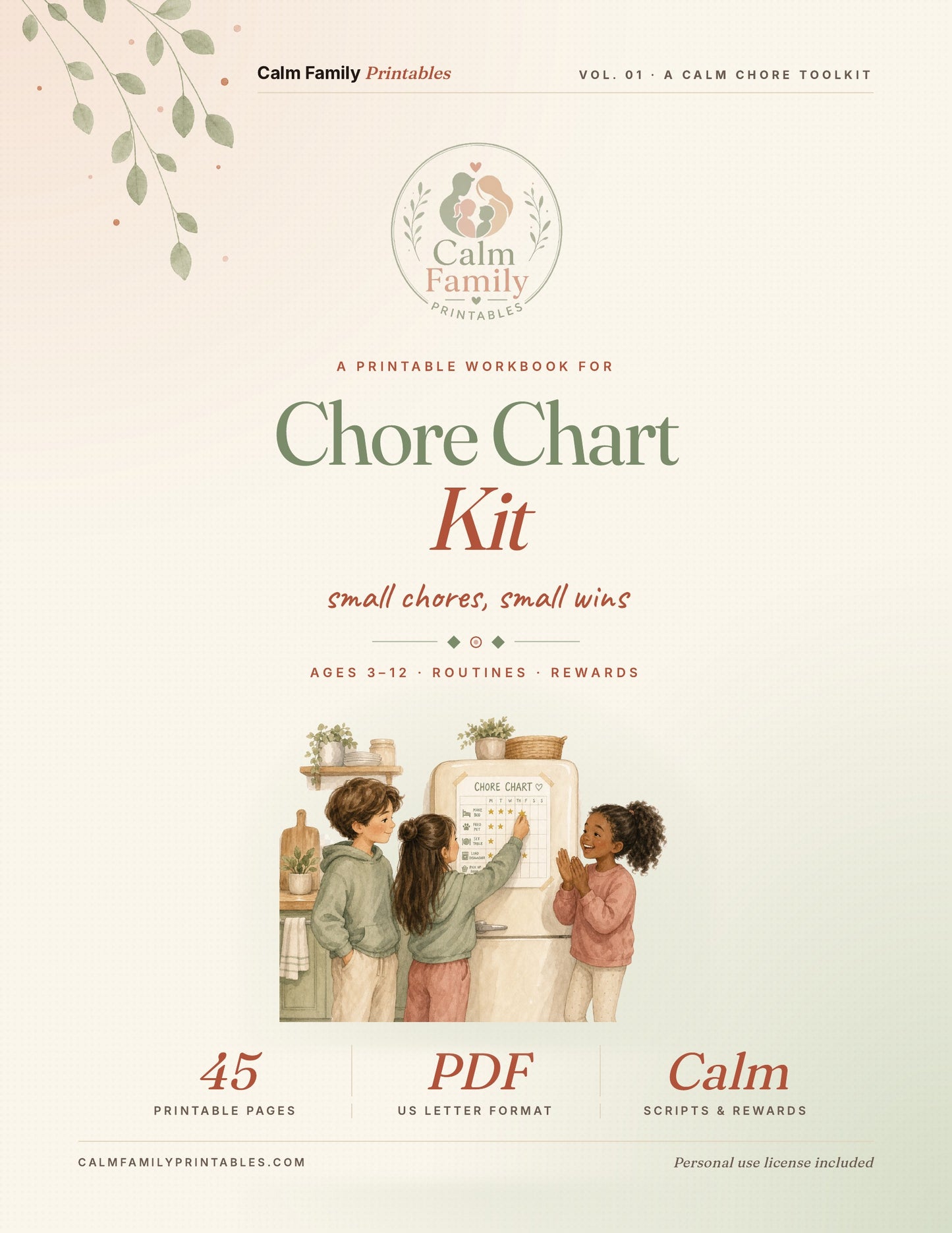 Chore Chart Workbook printable PDF cover - kids chore chart and family responsibility planner from Calm Family Printables