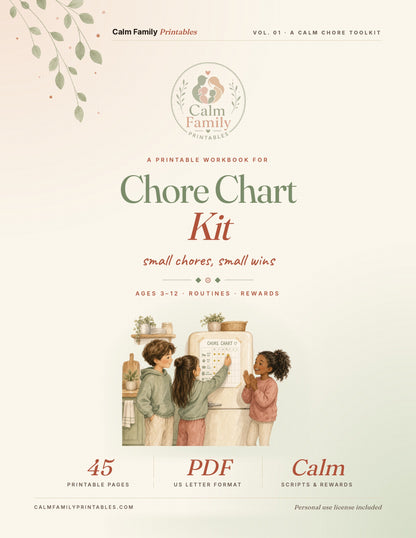 Chore Chart Workbook printable PDF cover - kids chore chart and family responsibility planner from Calm Family Printables