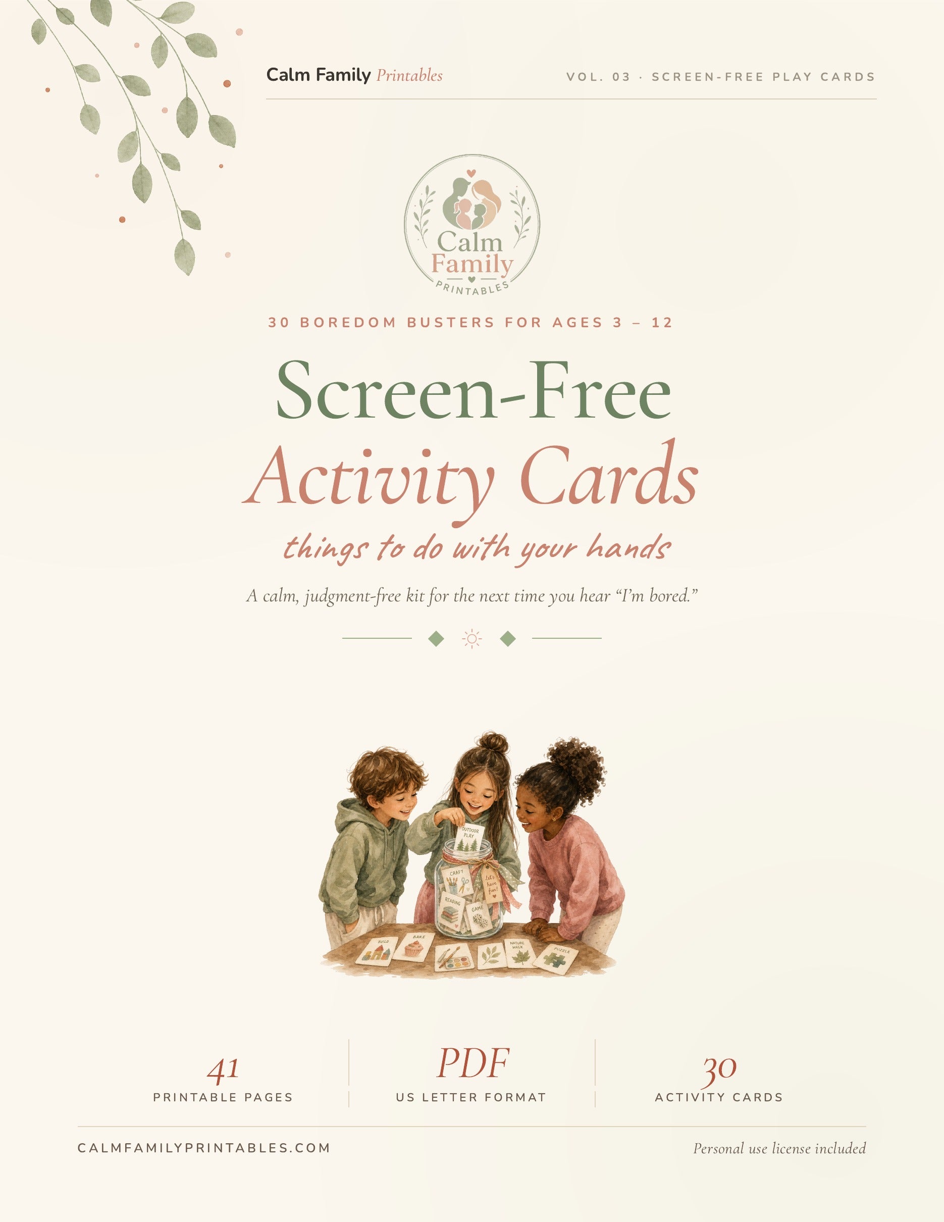 Screen-Free Activity Cards Workbook printable PDF cover - screen-free activity cards for kids and families