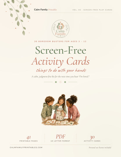 Screen-Free Activity Cards Workbook printable PDF cover - screen-free activity cards for kids and families