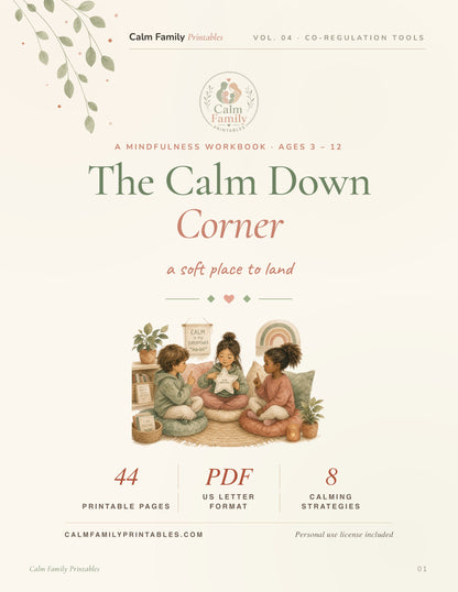 The Calm Down Corner Workbook printable PDF cover - calm-down kit for kids with feelings cards and breathing exercises