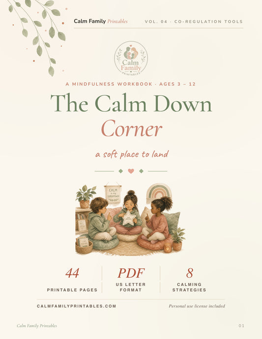 The Calm Down Corner Workbook printable PDF cover - calm-down kit for kids with feelings cards and breathing exercises