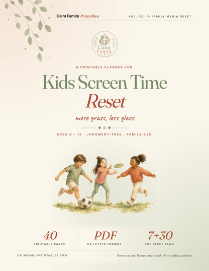 Kids Screen Time Reset Workbook printable PDF cover - parenting planner for reducing kids screen time with trackers and activities