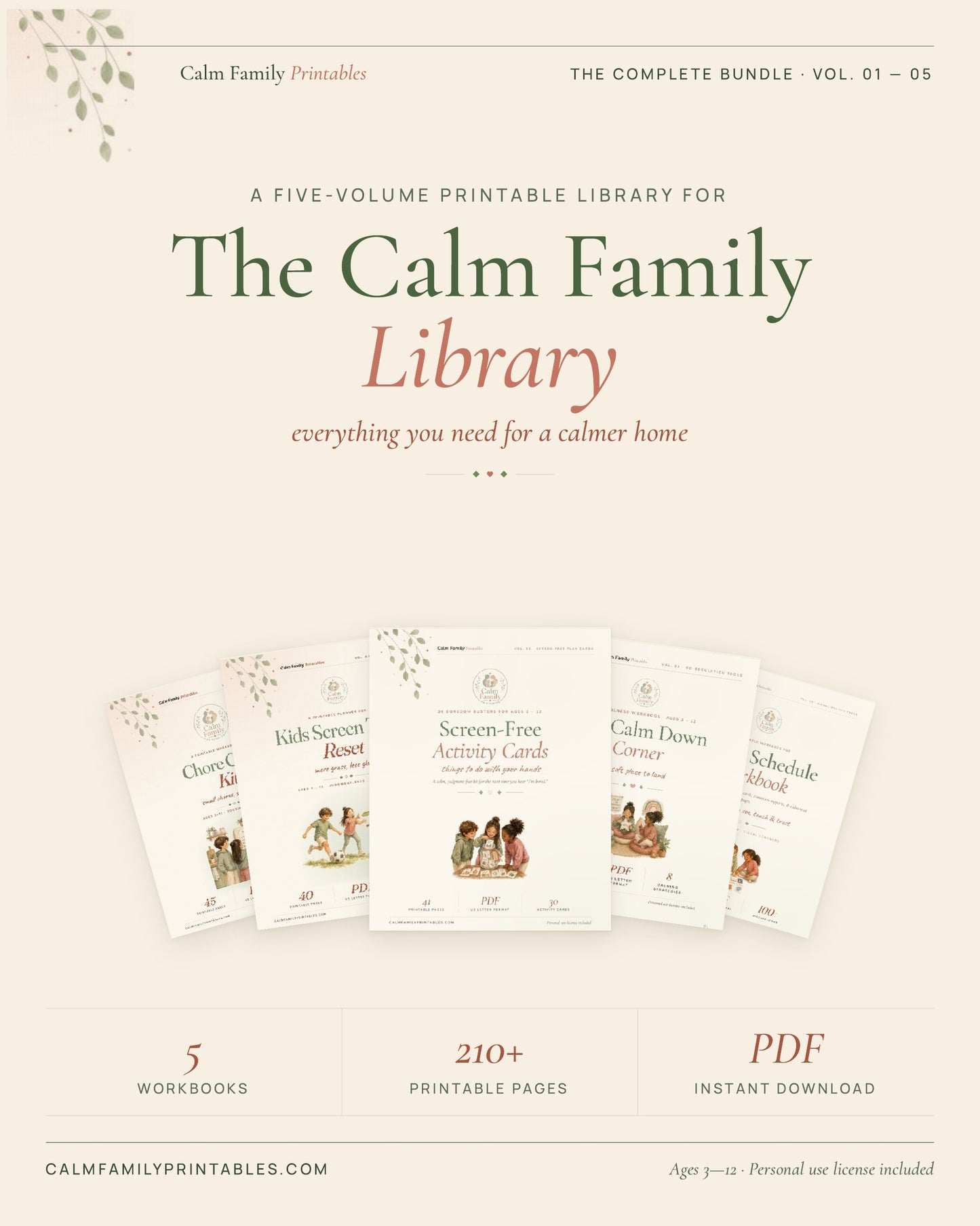 The Calm Family Library complete printable bundle - 5 parenting workbooks for routines, chores, screen time, big feelings and visual schedules