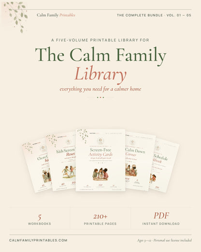 The Calm Family Library complete printable bundle - 5 parenting workbooks for routines, chores, screen time, big feelings and visual schedules