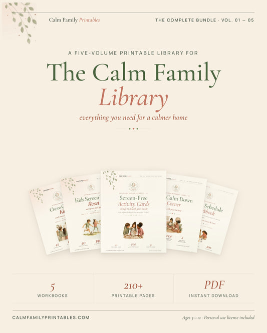 The Calm Family Library complete printable bundle - 5 parenting workbooks for routines, chores, screen time, big feelings and visual schedules