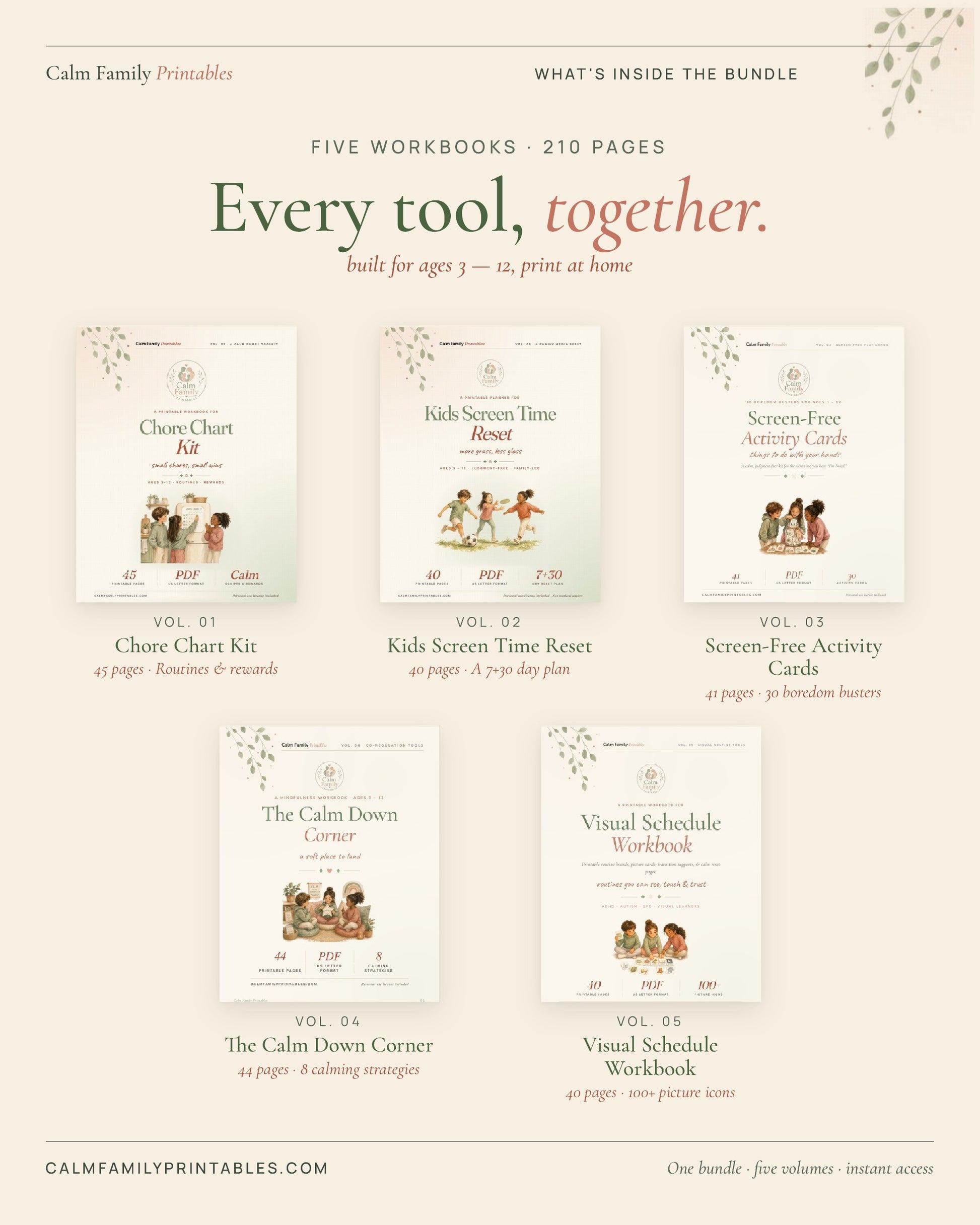 What is inside the Calm Family Library - 5 printable workbooks for everyday family life shown side by side