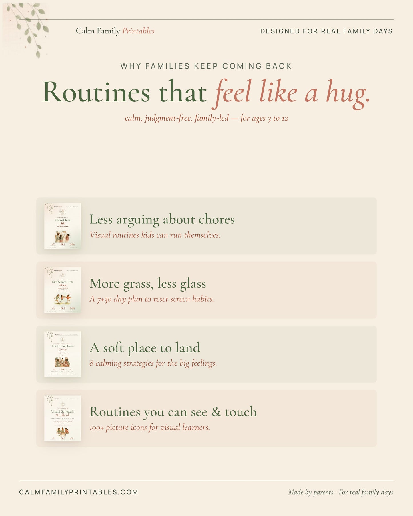 Calm Family Library 4 promises page - what these printable parenting workbooks deliver for real family days