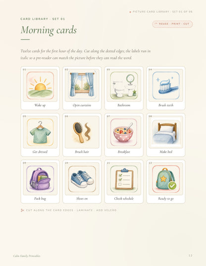 Inside Calm Family Library - preview of 100 printable picture cards from the Visual Schedule Workbook