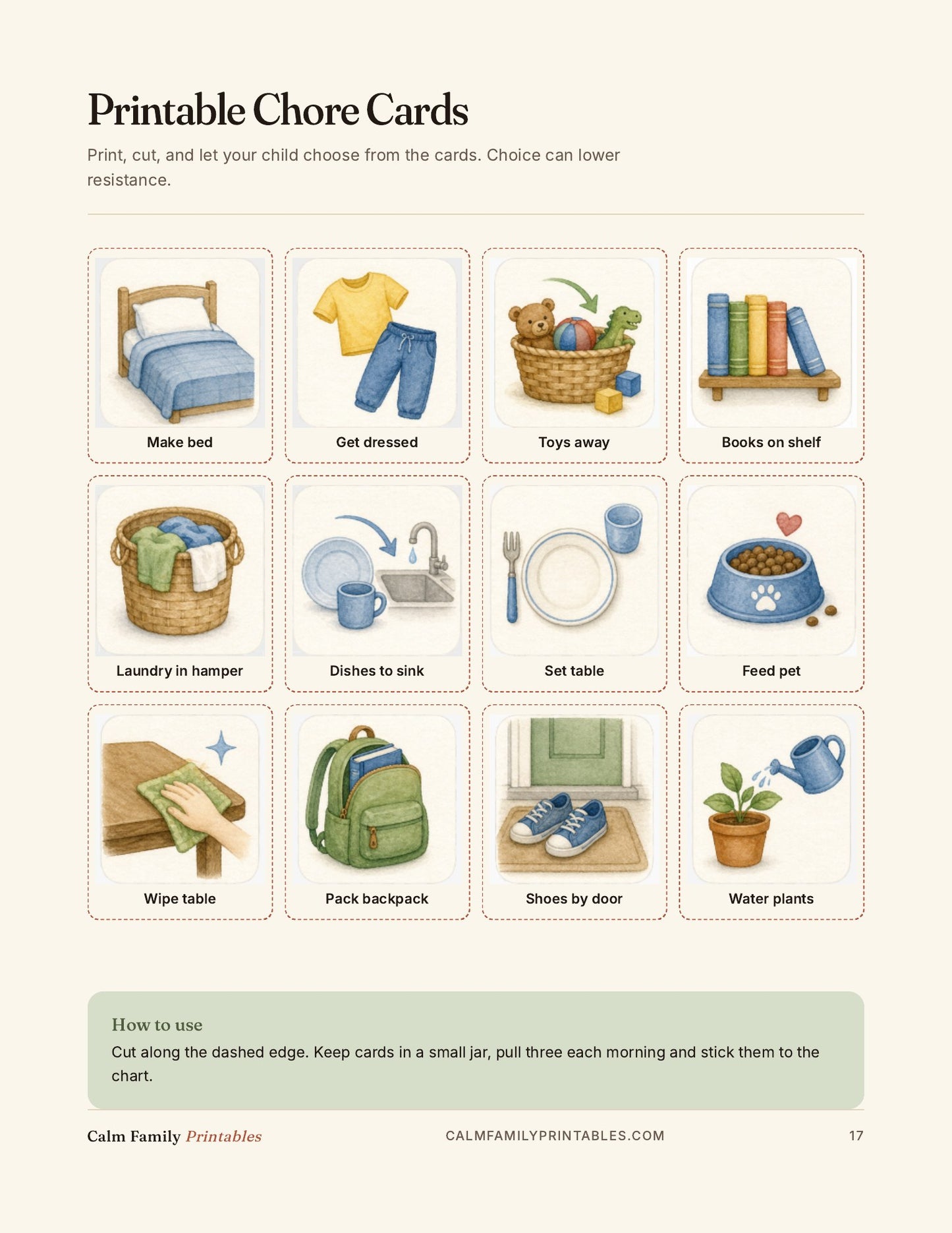 Inside Calm Family Library - preview of printable kids chore cards from the Chore Chart Workbook