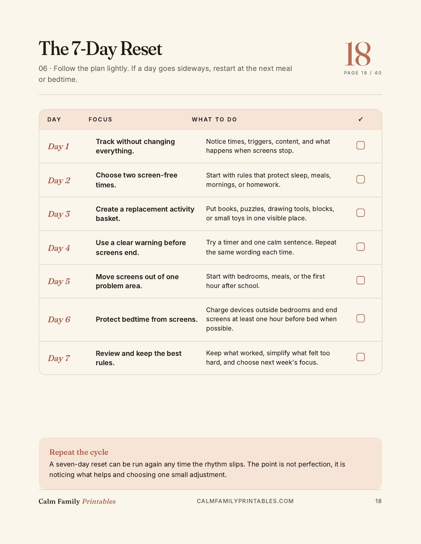 Inside Calm Family Library - preview of the 7-day screen reset plan from the Kids Screen Time Reset Workbook