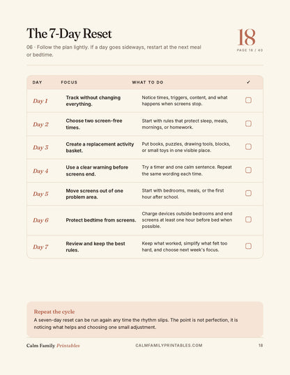 Inside Calm Family Library - preview of the 7-day screen reset plan from the Kids Screen Time Reset Workbook