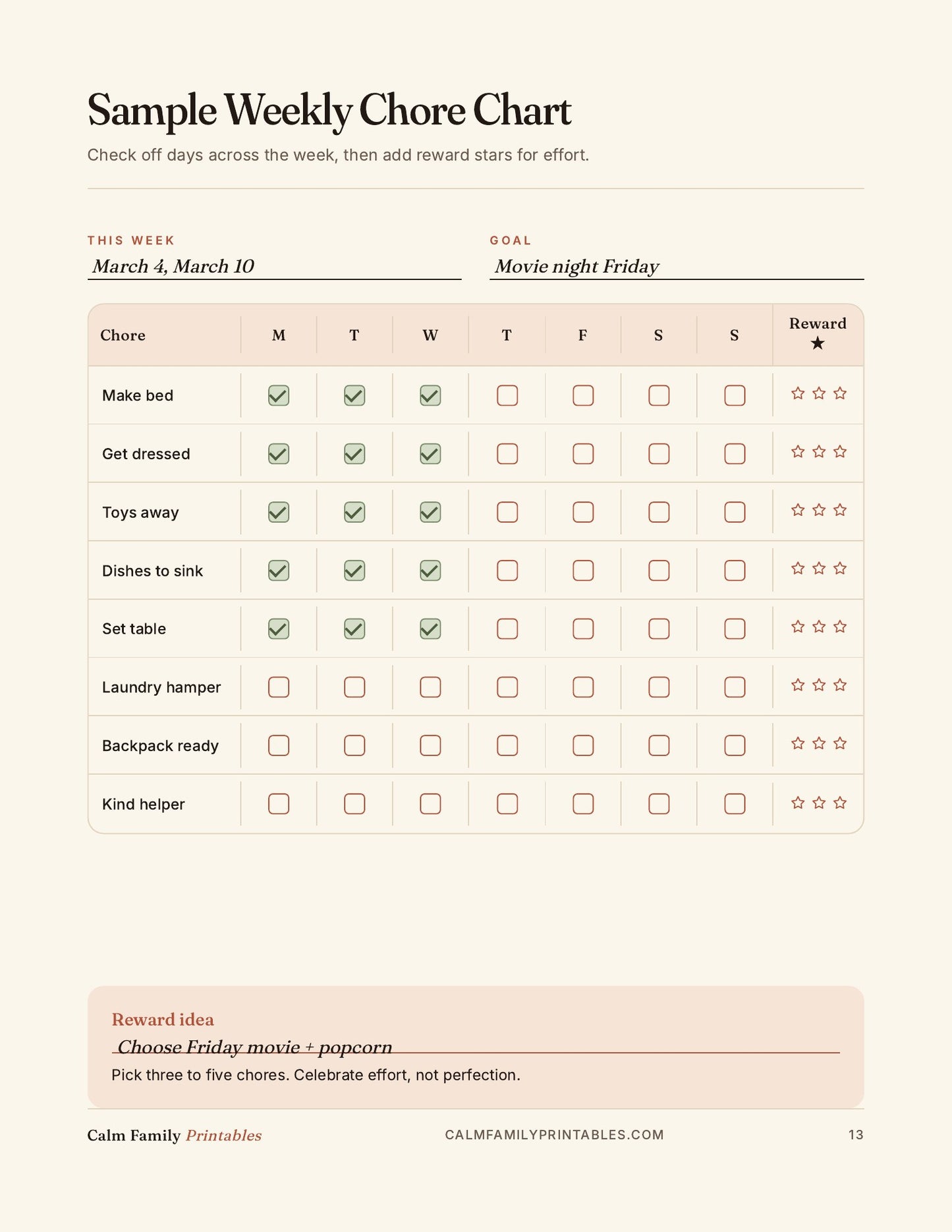 Chore Chart Workbook page 13 preview - printable kids chore chart page for the family routine