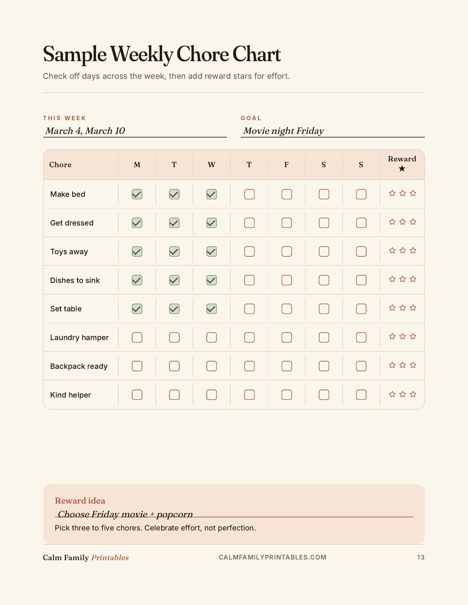 Chore Chart Workbook page 13 preview - printable kids chore chart page for the family routine