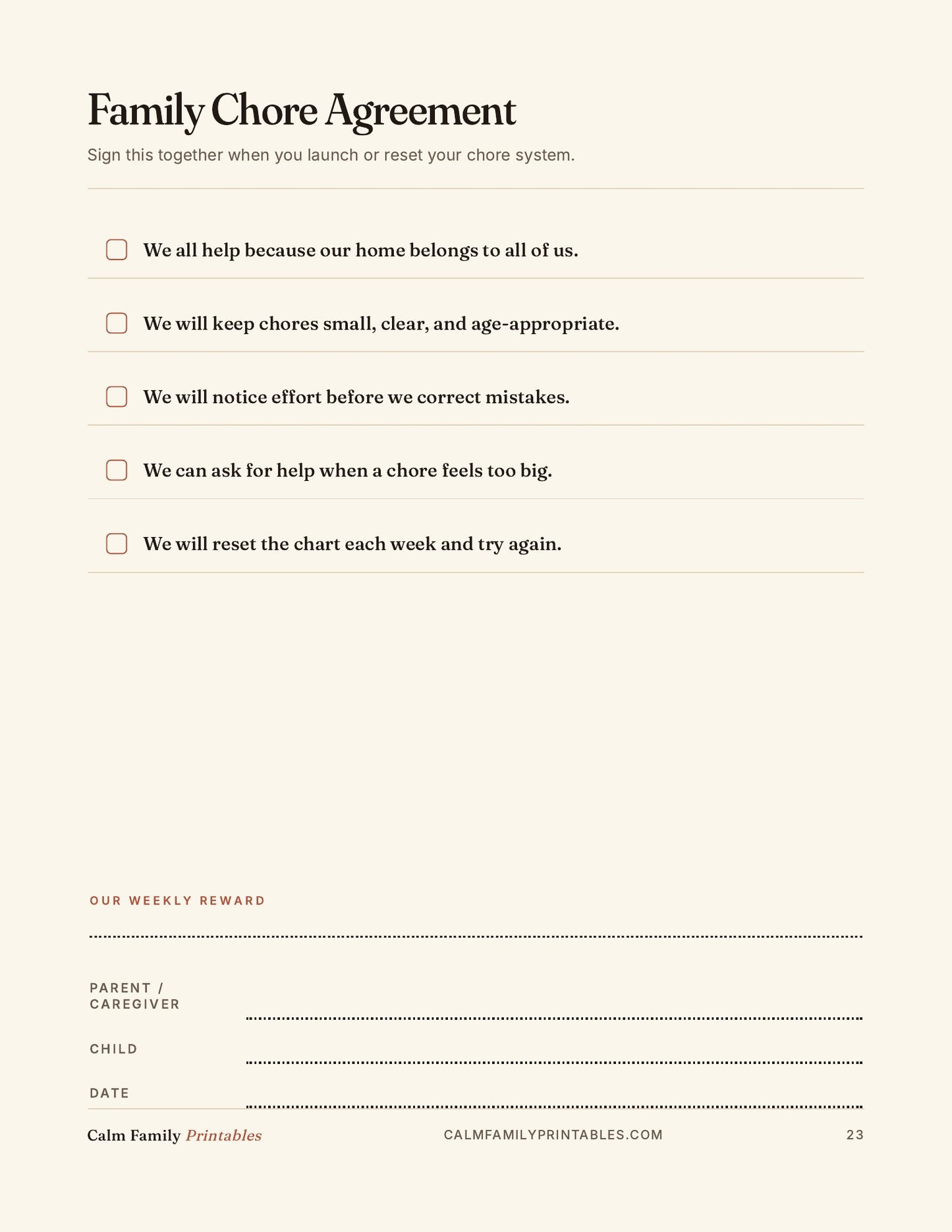 Chore Chart Workbook page 23 preview - printable kids chore chart page for the family routine