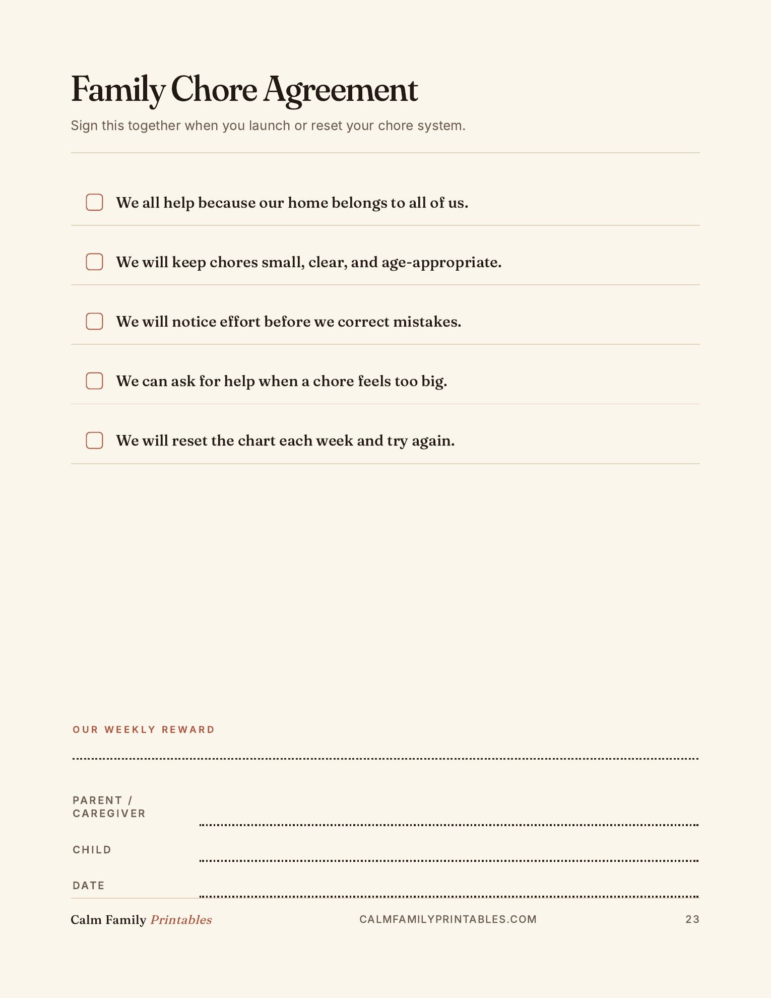 Chore Chart Workbook page 23 preview - printable kids chore chart page for the family routine